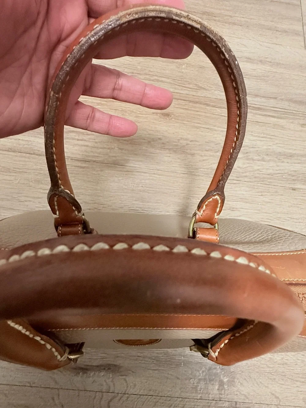 Vintage Dooney & Bourke Taupe Pebbled Leather Satchel with Tan Trim